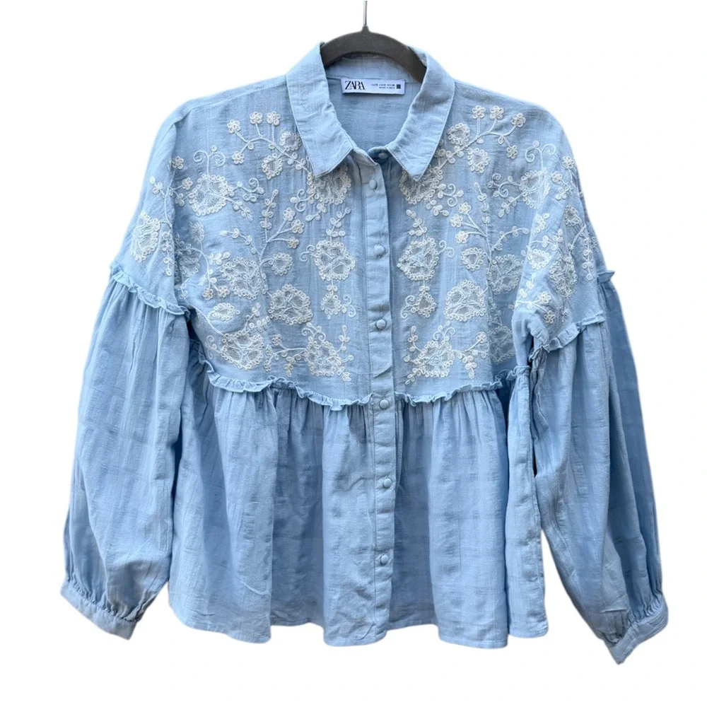 Zara Women’s S Light Blue Floral Embroidered Cotton Pleated Boho Baby Doll Top